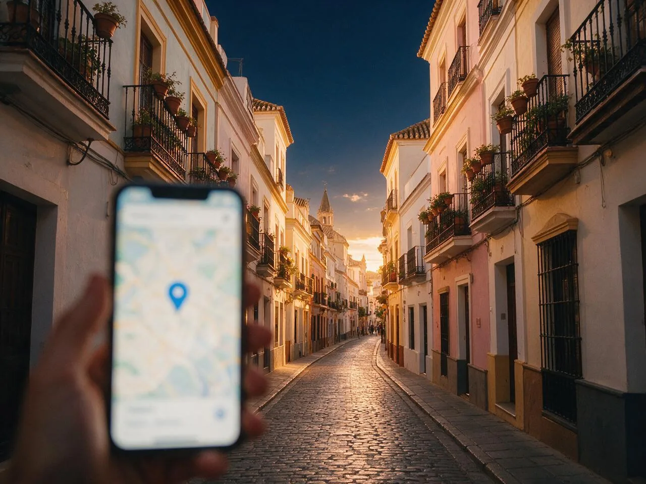 Calle del casco antiguo de Málaga al atardecer, con un móvil en primer plano mostrando un pin de ubicación