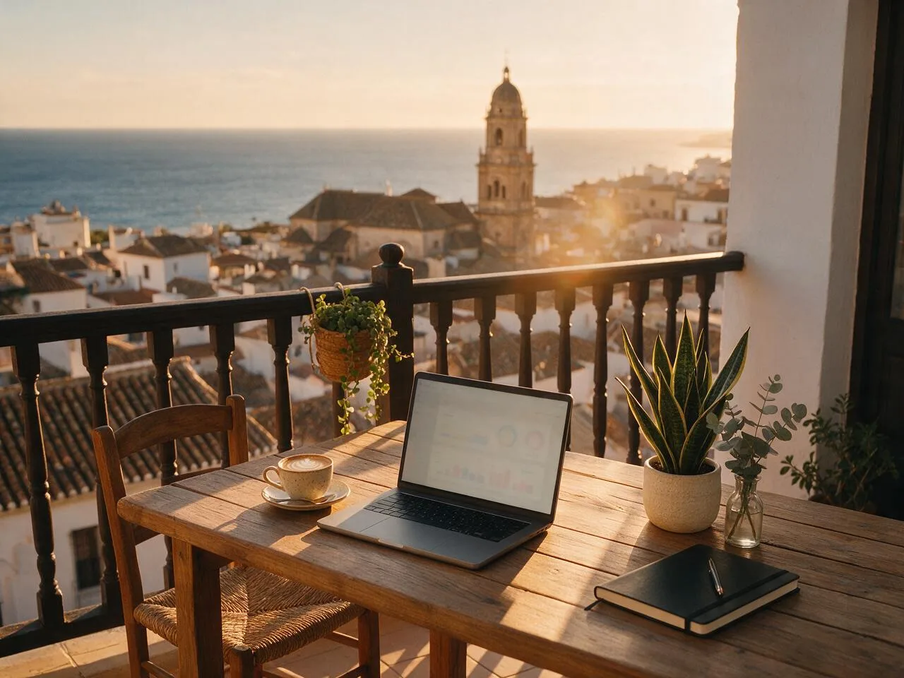 Portátil abierto con un panel de datos sobre una mesa de madera, luz cálida de amanecer sobre Málaga